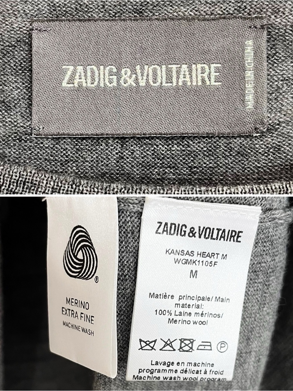 Zadig & Voltaire 100% Merino Wool Broken Heart Sweater Grey Red Medium - Picture 8 of 8